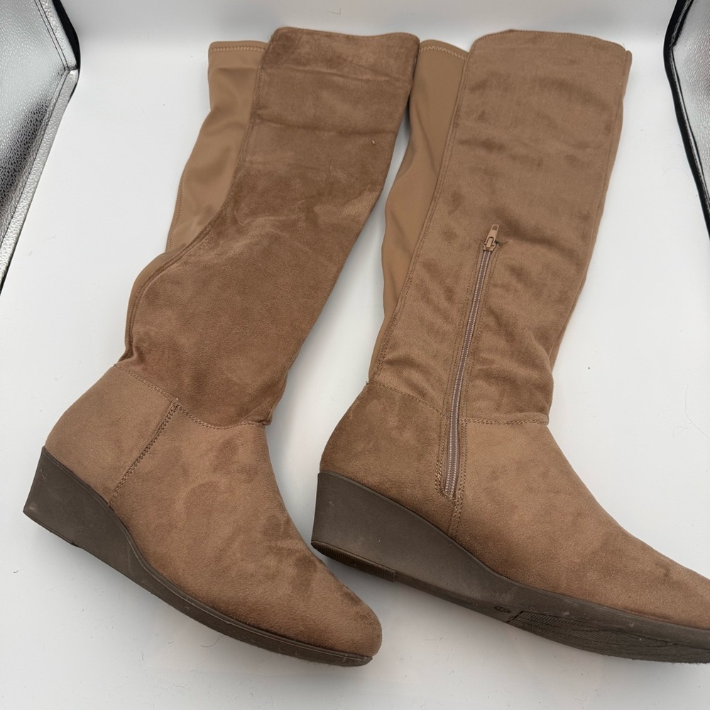 Steve Madden Taupe Stretch Suede Wedge Knee-High Boots
